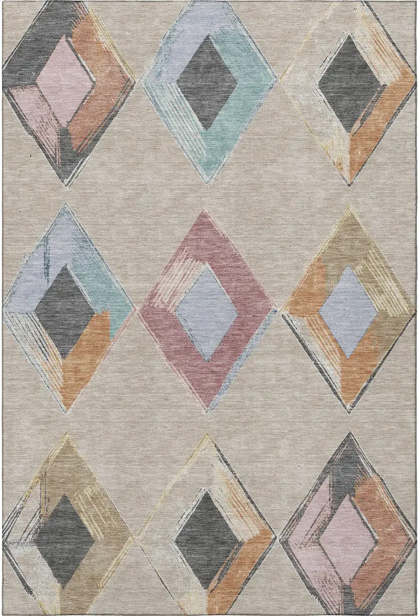 Beige Blue And Copper Geometric Washable Area Rug With UV Protection Photo 4