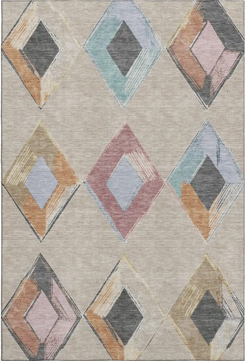 Beige Blue And Copper Geometric Washable Area Rug With UV Protection Photo 1