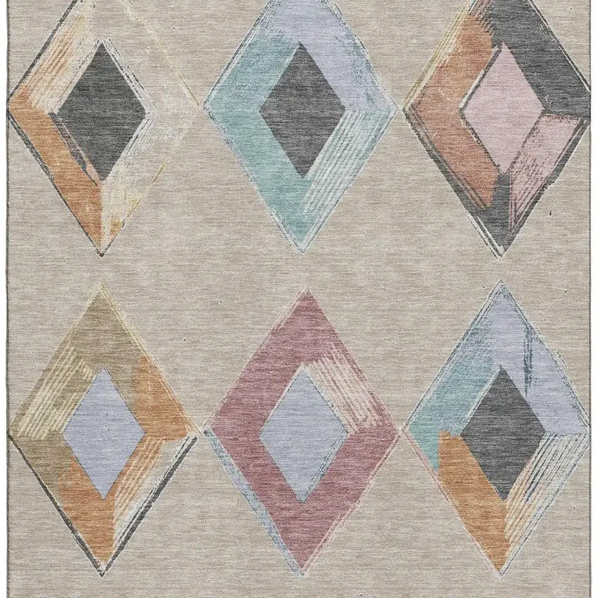Beige Blue And Copper Geometric Washable Area Rug With UV Protection Photo 4