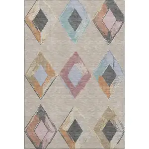 Photo of Beige Blue And Copper Geometric Washable Area Rug With UV Protection