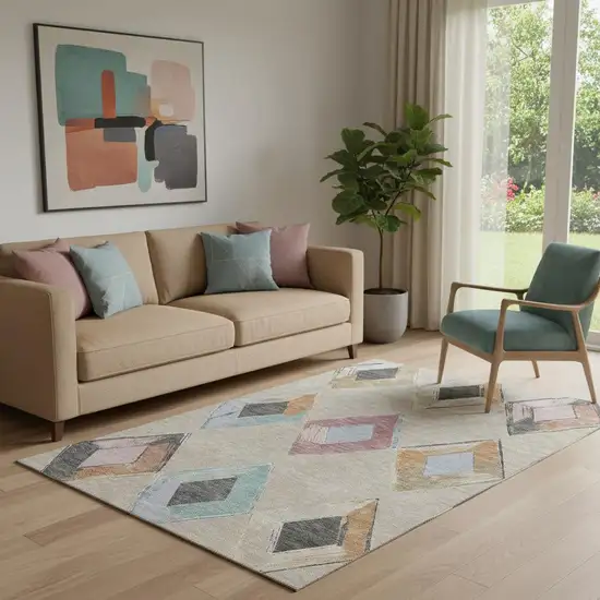 Beige Blue And Copper Geometric Washable Area Rug With UV Protection Photo 2