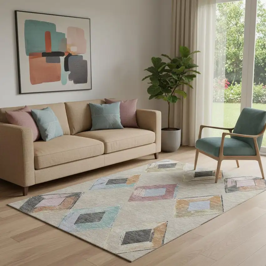 Beige Blue And Copper Geometric Washable Area Rug With UV Protection Photo 2