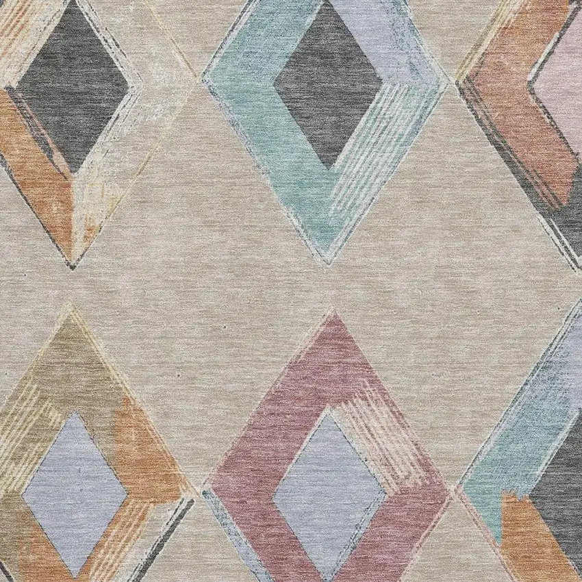 Beige Blue And Copper Geometric Washable Area Rug With UV Protection Photo 3