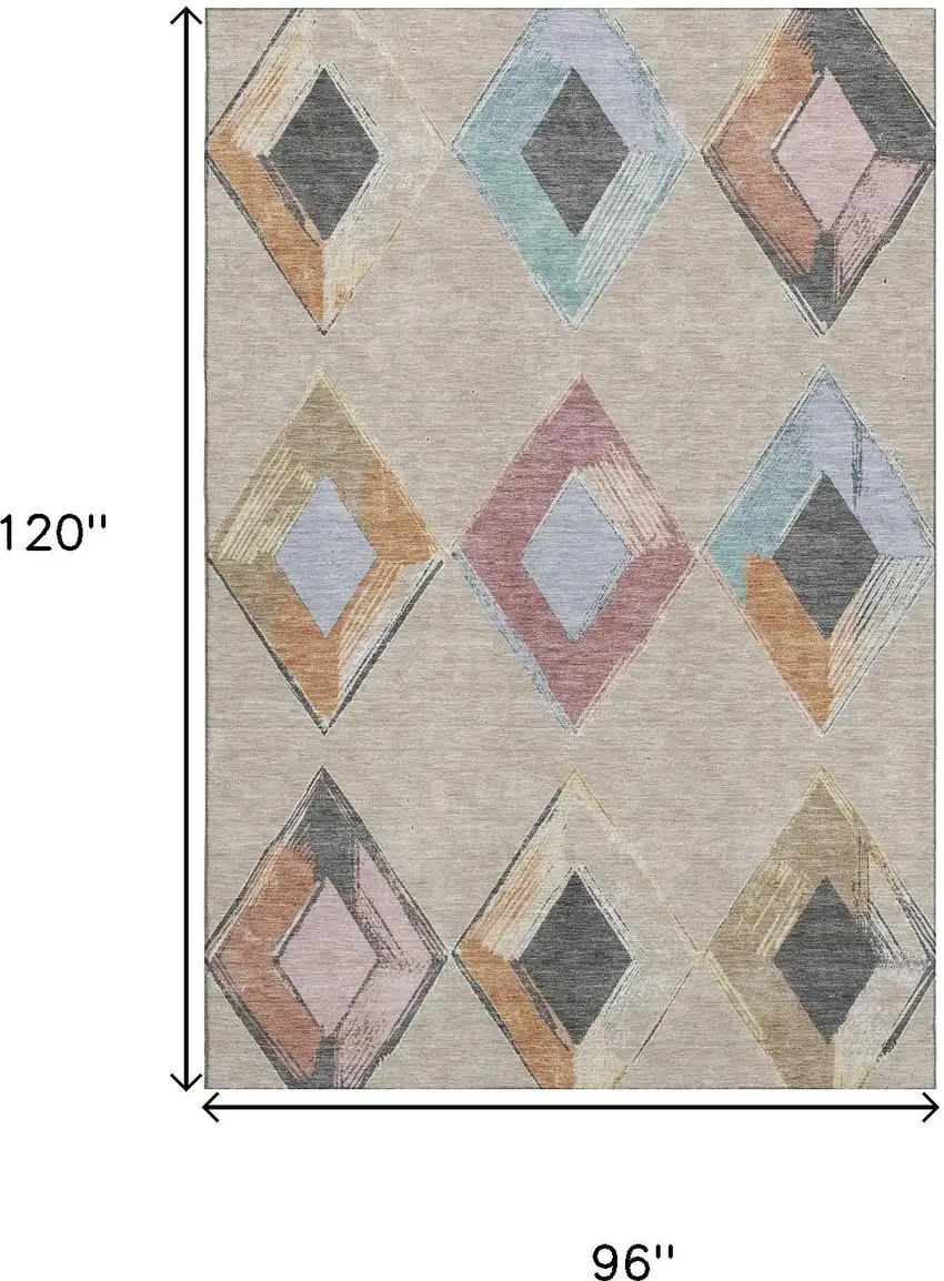 Beige Blue And Copper Geometric Washable Area Rug With UV Protection Photo 9