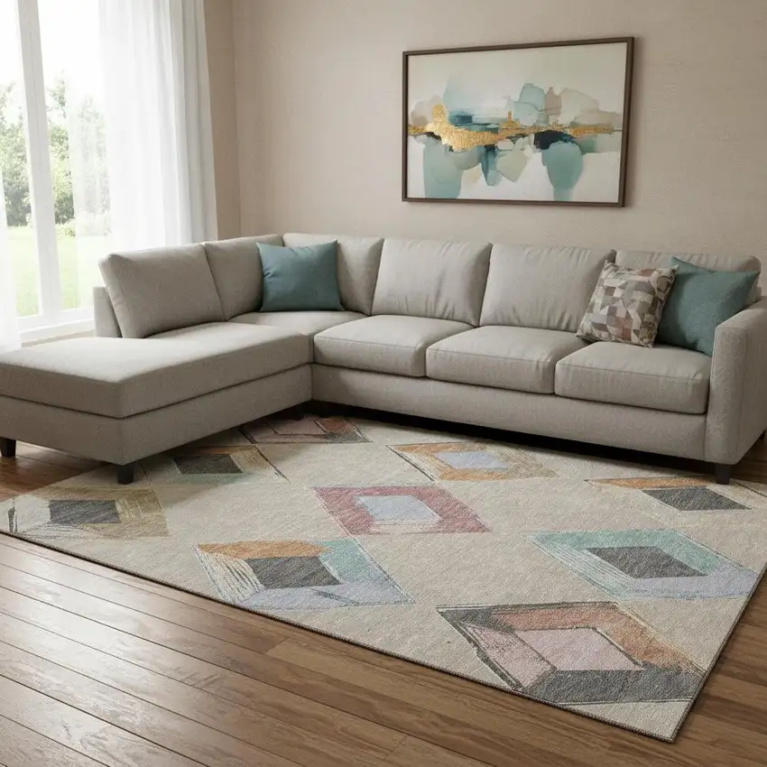 Beige Blue And Copper Geometric Washable Area Rug With UV Protection Photo 2