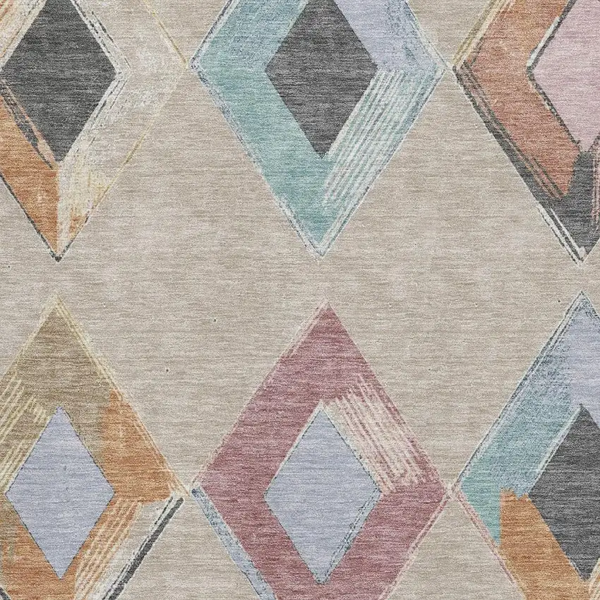 Beige Blue And Copper Geometric Washable Area Rug With UV Protection Photo 3