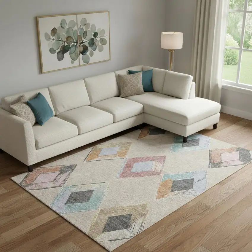 Beige Blue And Copper Geometric Washable Area Rug With UV Protection Photo 2