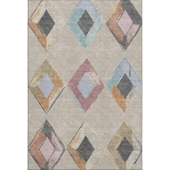 Beige Blue And Copper Geometric Washable Area Rug With UV Protection Photo 1
