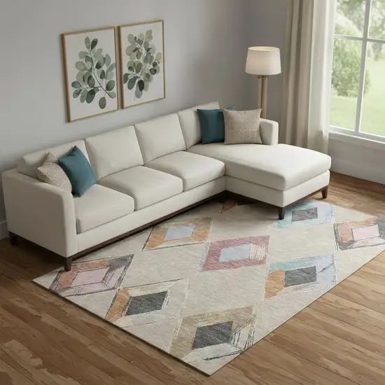 Beige Blue And Copper Geometric Washable Area Rug With UV Protection Photo 2