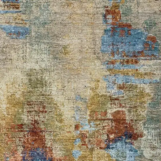 Beige Blue And Gold Abstract Washable Indoor Outdoor Area Rug Photo 8