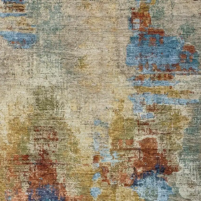 Beige Blue And Gold Abstract Washable Indoor Outdoor Area Rug Photo 8