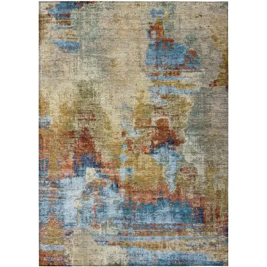 Beige Blue And Gold Abstract Washable Indoor Outdoor Area Rug Photo 2