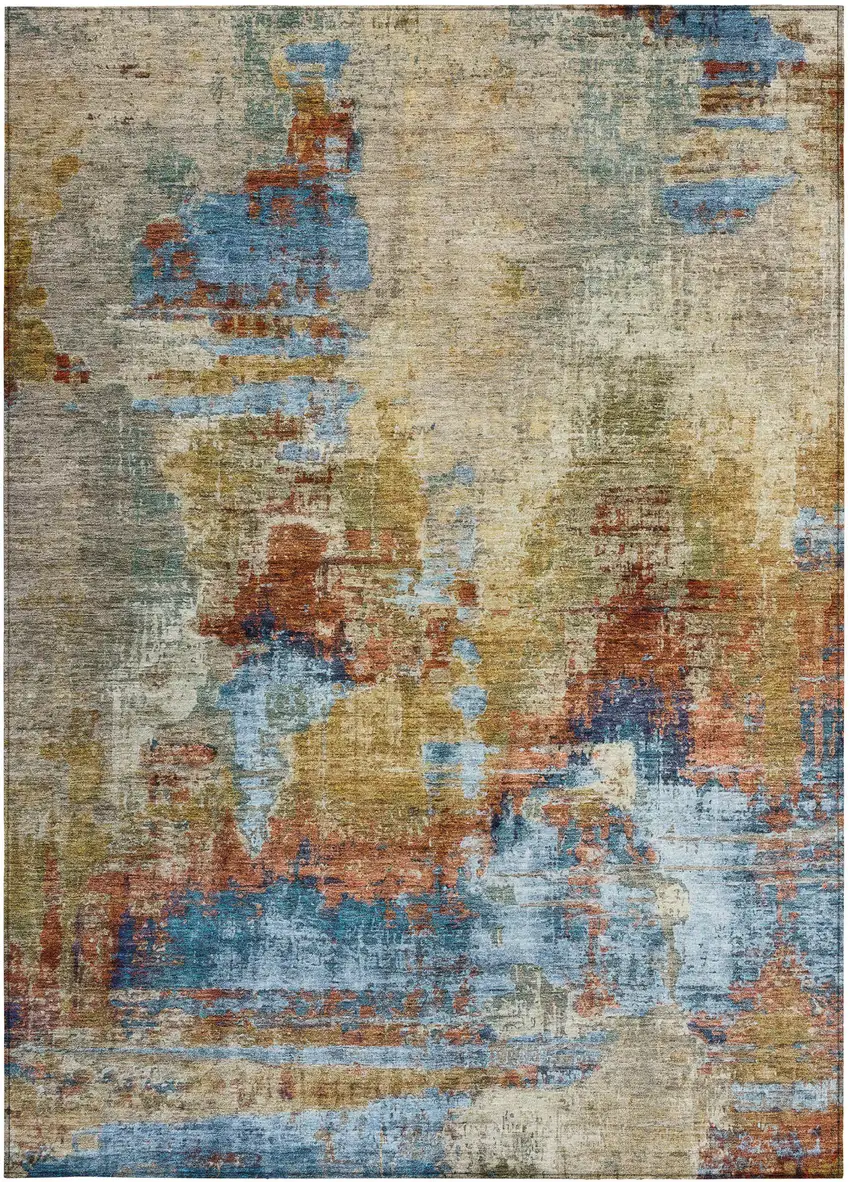 Beige Blue And Gold Abstract Washable Indoor Outdoor Area Rug Photo 4