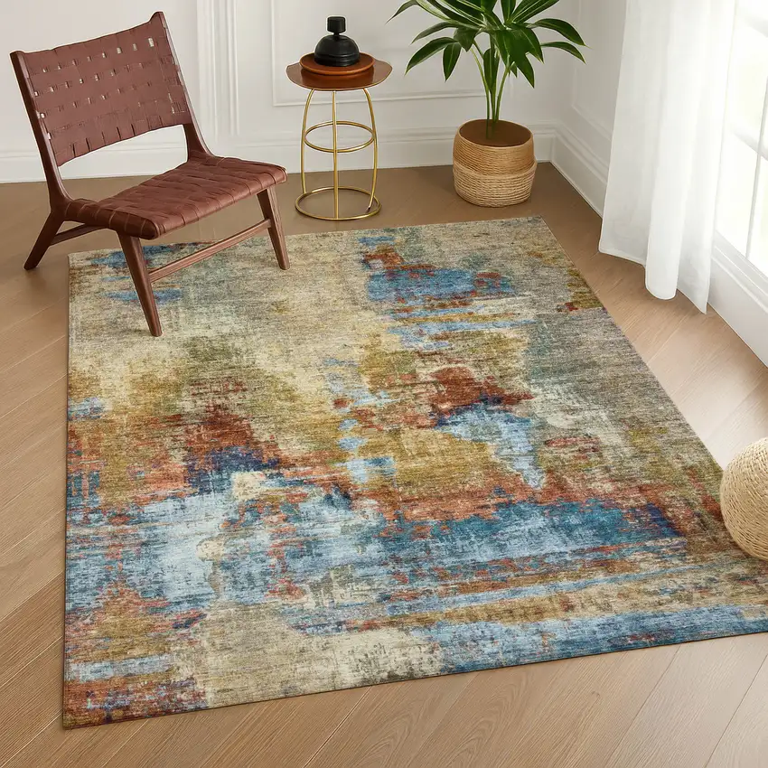 Beige Blue And Gold Abstract Washable Indoor Outdoor Area Rug Photo 9