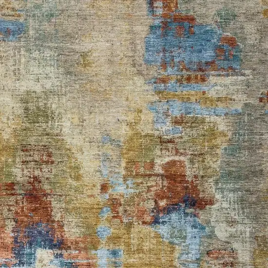 Beige Blue And Gold Abstract Washable Indoor Outdoor Area Rug Photo 8