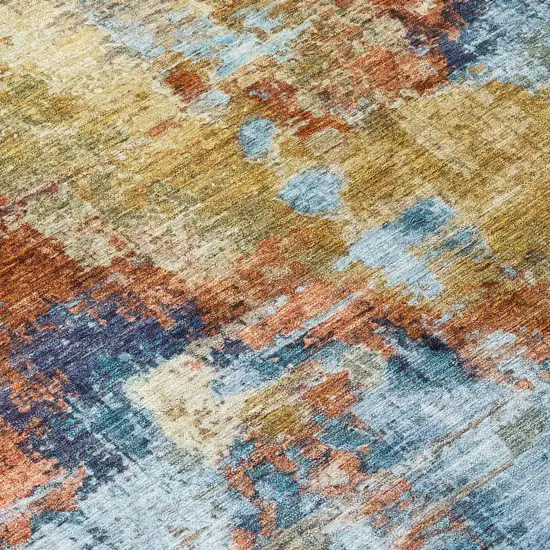 Beige Blue And Gold Abstract Washable Indoor Outdoor Area Rug Photo 7