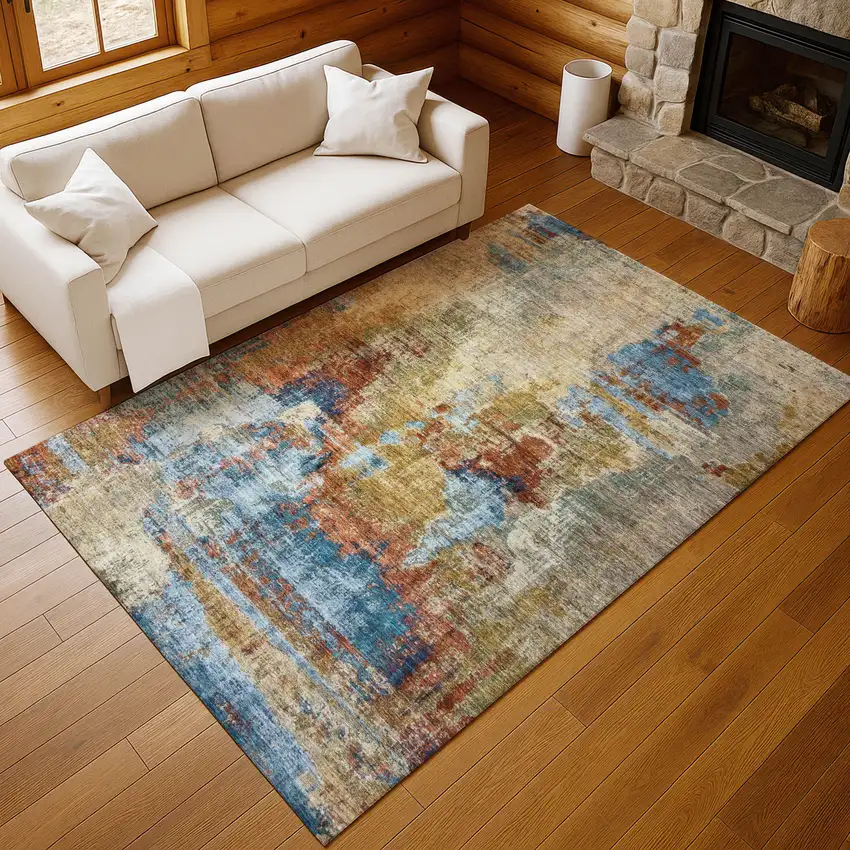 Beige Blue And Gold Abstract Washable Indoor Outdoor Area Rug Photo 9