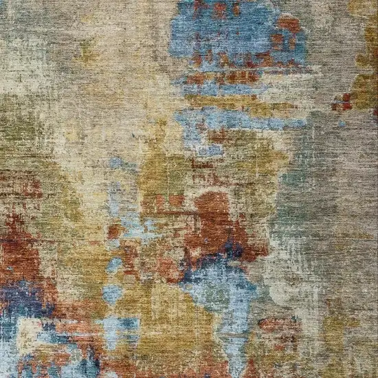 Beige Blue And Gold Abstract Washable Indoor Outdoor Area Rug Photo 8