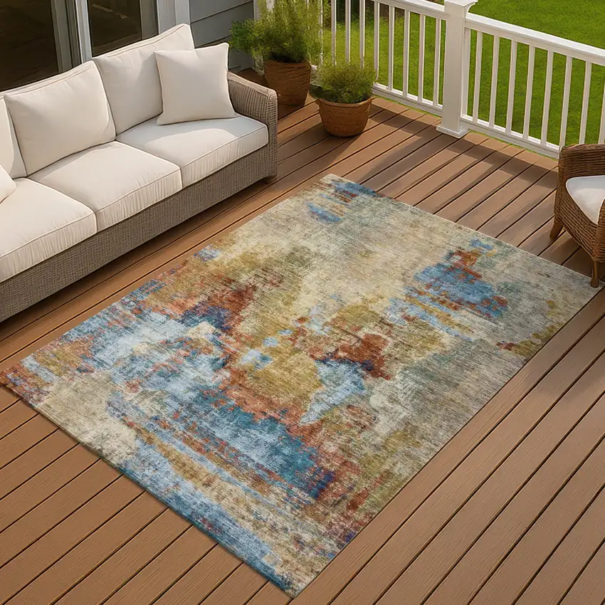 Beige Blue And Gold Abstract Washable Indoor Outdoor Area Rug Photo 9