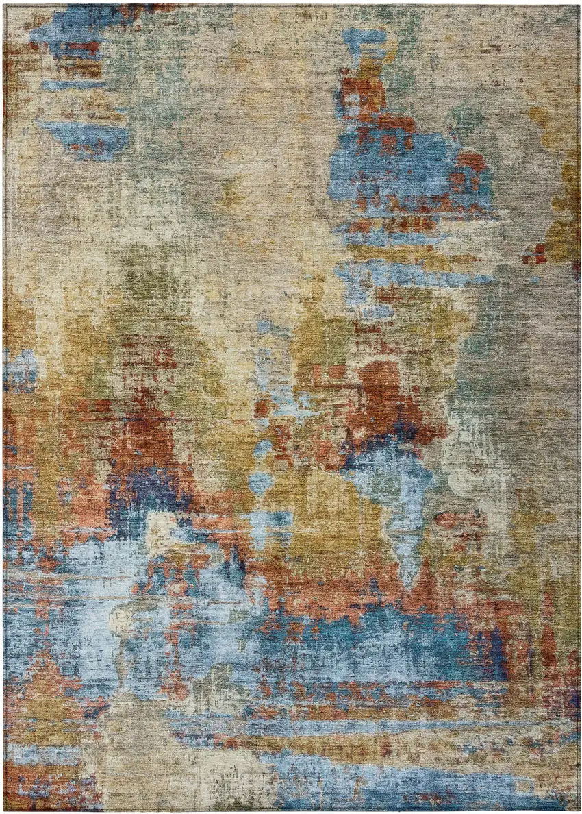 Beige Blue And Gold Abstract Washable Indoor Outdoor Area Rug Photo 2