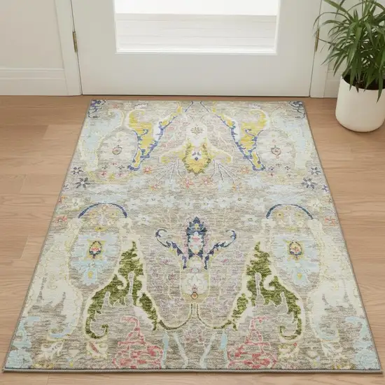 Beige Blue And Gold Floral Washable Area Rug With UV Protection Photo 2