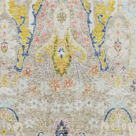 Beige Blue And Gold Floral Washable Area Rug With UV Protection Photo 3