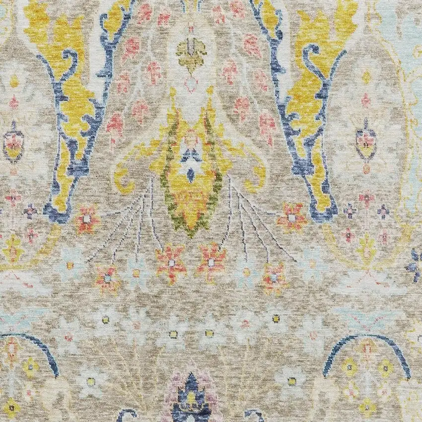 Beige Blue And Gold Floral Washable Area Rug With UV Protection Photo 3