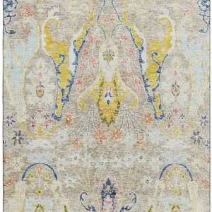 Photo of Beige Blue And Gold Floral Washable Area Rug With UV Protection
