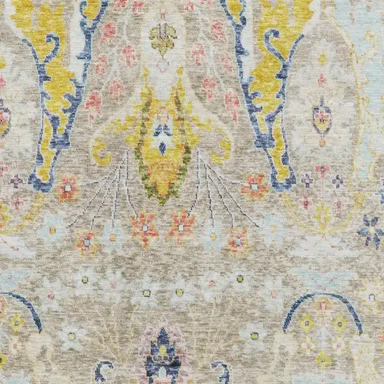 Beige Blue And Gold Floral Washable Area Rug With UV Protection Photo 3