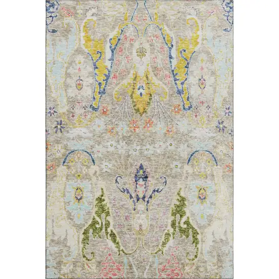 Beige Blue And Gold Floral Washable Area Rug With UV Protection Photo 1