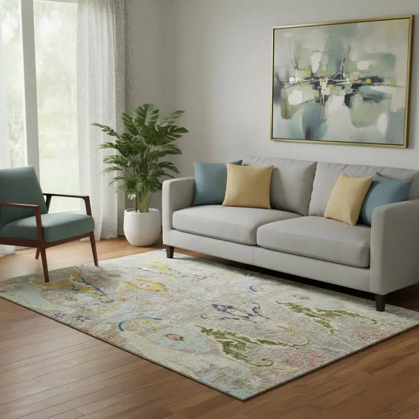 Beige Blue And Gold Floral Washable Area Rug With UV Protection Photo 2