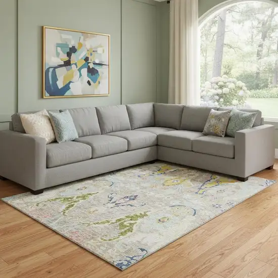 Beige Blue And Gold Floral Washable Area Rug With UV Protection Photo 2