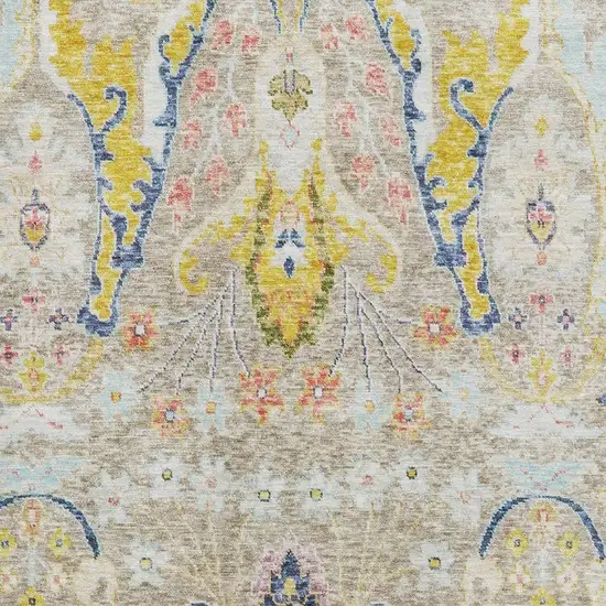 Beige Blue And Gold Floral Washable Area Rug With UV Protection Photo 3