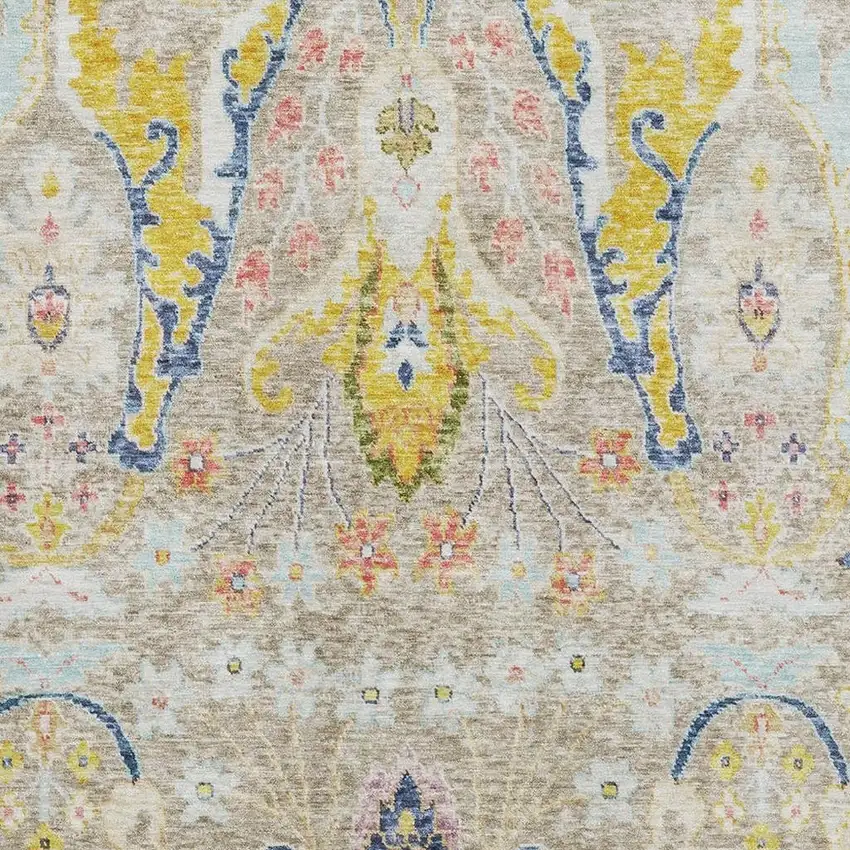 Beige Blue And Gold Floral Washable Area Rug With UV Protection Photo 3