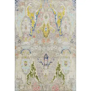 Photo of Beige Blue And Gold Floral Washable Area Rug With UV Protection