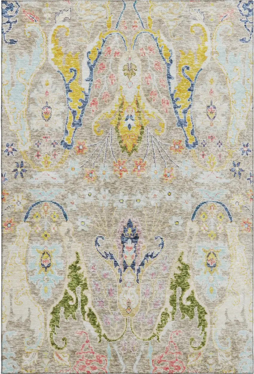 Beige Blue And Gold Floral Washable Area Rug With UV Protection Photo 1