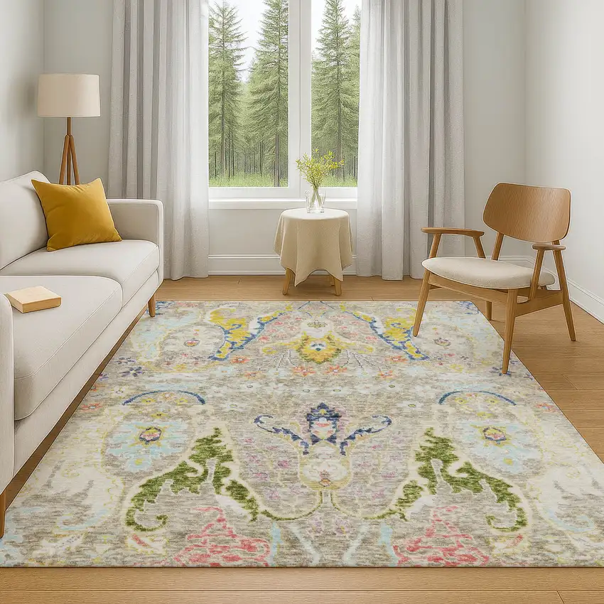 Beige Blue And Gold Floral Washable Area Rug With UV Protection Photo 6