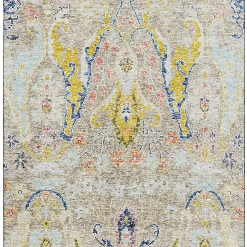 Beige Blue And Gold Floral Washable Area Rug With UV Protection Photo 4