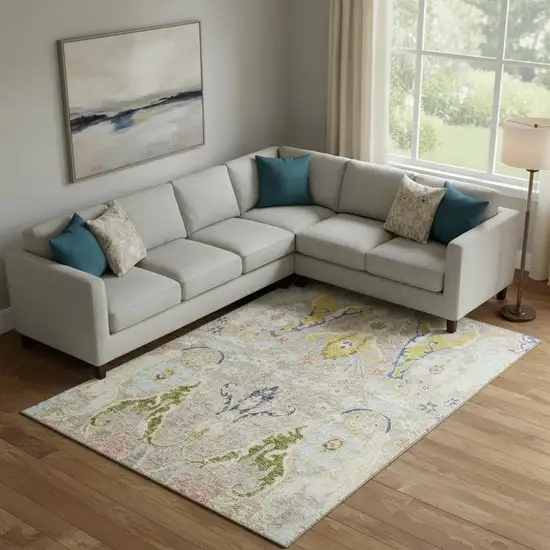 Beige Blue And Gold Floral Washable Area Rug With UV Protection Photo 2