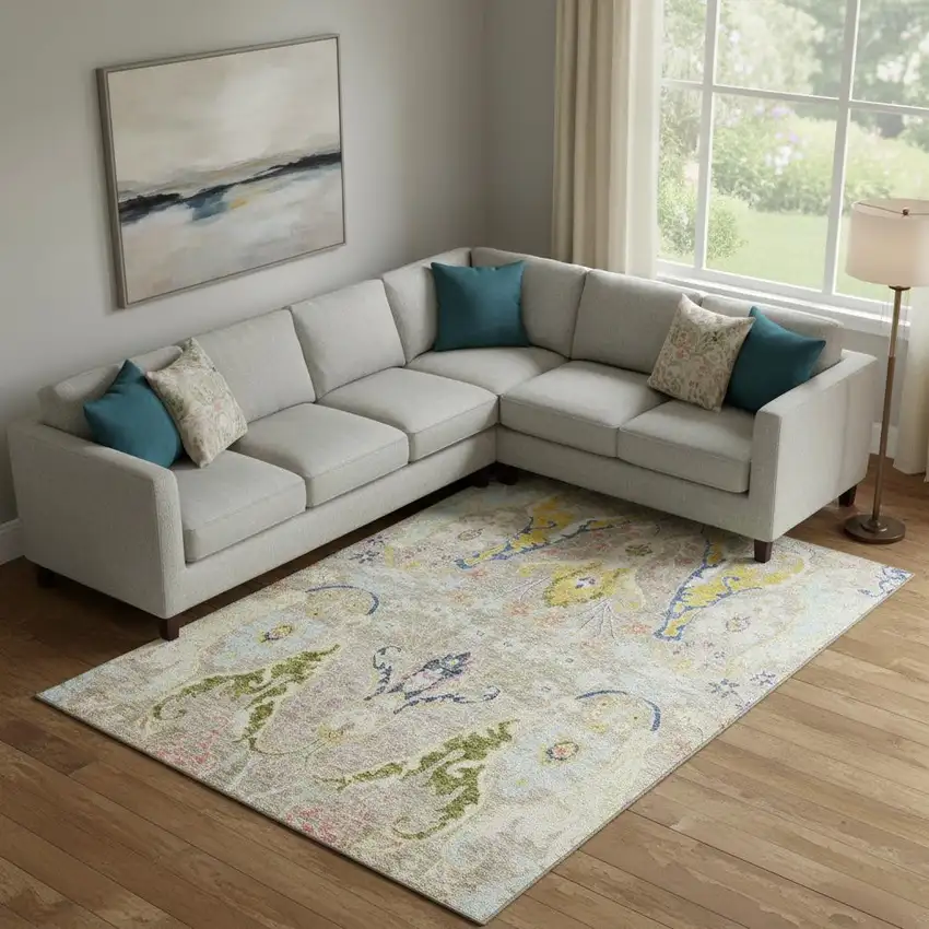 Beige Blue And Gold Floral Washable Area Rug With UV Protection Photo 2