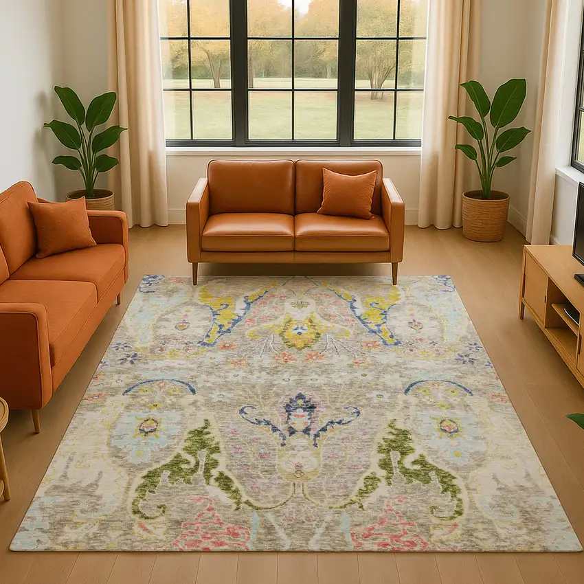 Beige Blue And Gold Floral Washable Area Rug With UV Protection Photo 5