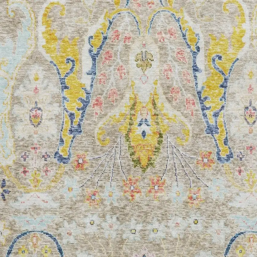 Beige Blue And Gold Floral Washable Area Rug With UV Protection Photo 3
