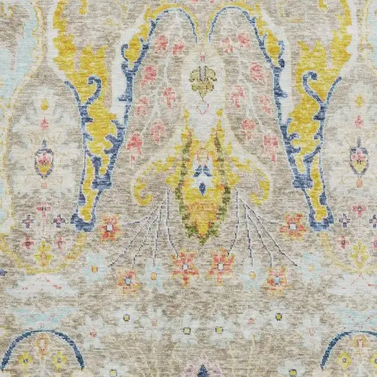 Beige Blue And Gold Floral Washable Area Rug With UV Protection Photo 3