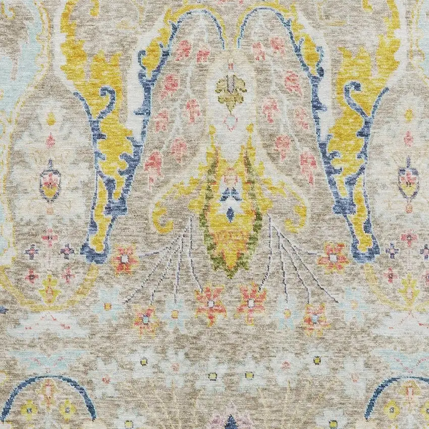 Beige Blue And Gold Floral Washable Area Rug With UV Protection Photo 3