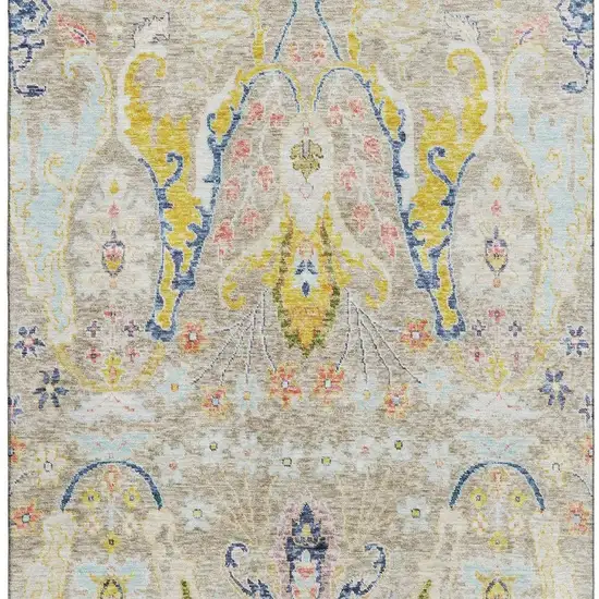 Beige Blue And Gold Floral Washable Area Rug With UV Protection Photo 4