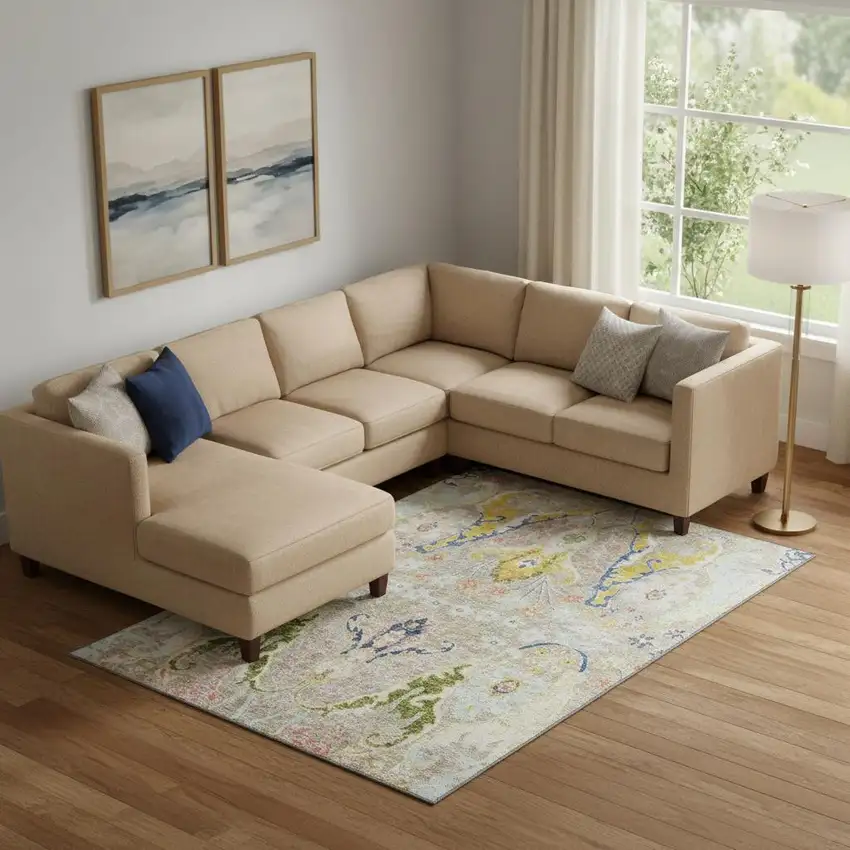 Beige Blue And Gold Floral Washable Area Rug With UV Protection Photo 2