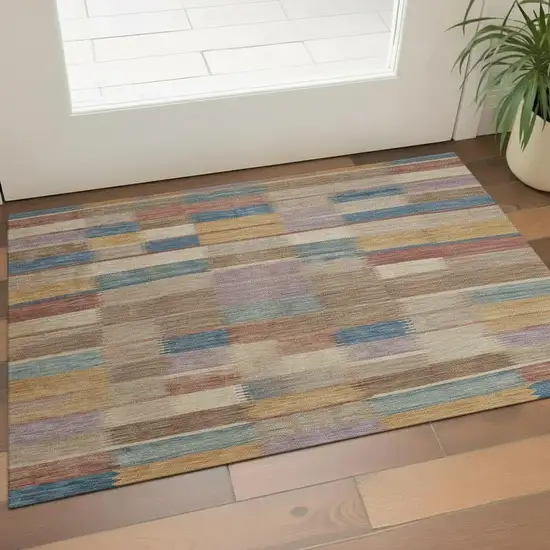 Beige Blue And Gold Striped Washable Area Rug With UV Protection Photo 2