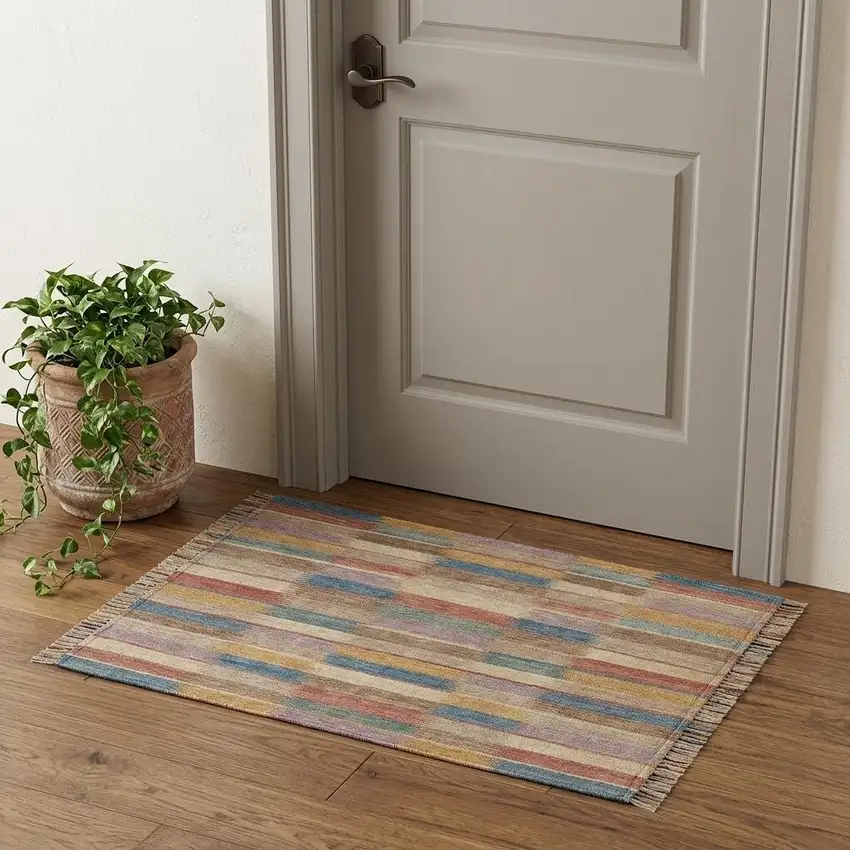 Beige Blue And Gold Striped Washable Area Rug With UV Protection Photo 1