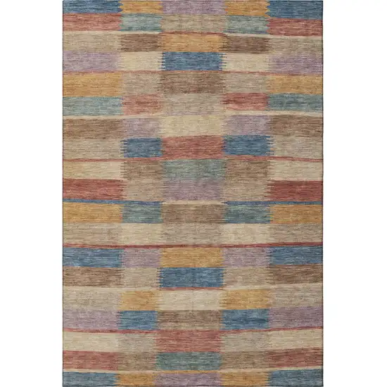 Beige Blue And Gold Striped Washable Area Rug With UV Protection Photo 2