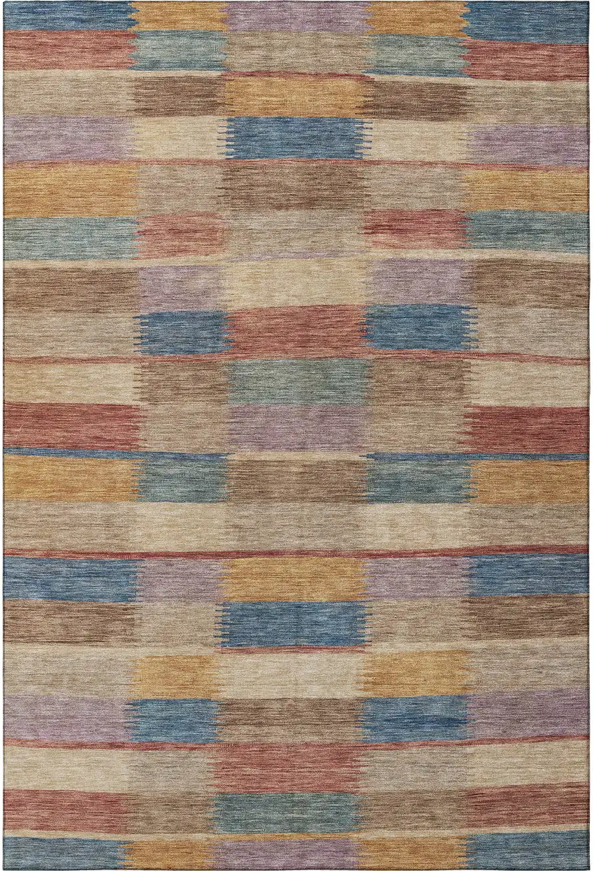 Beige Blue And Gold Striped Washable Area Rug With UV Protection Photo 2